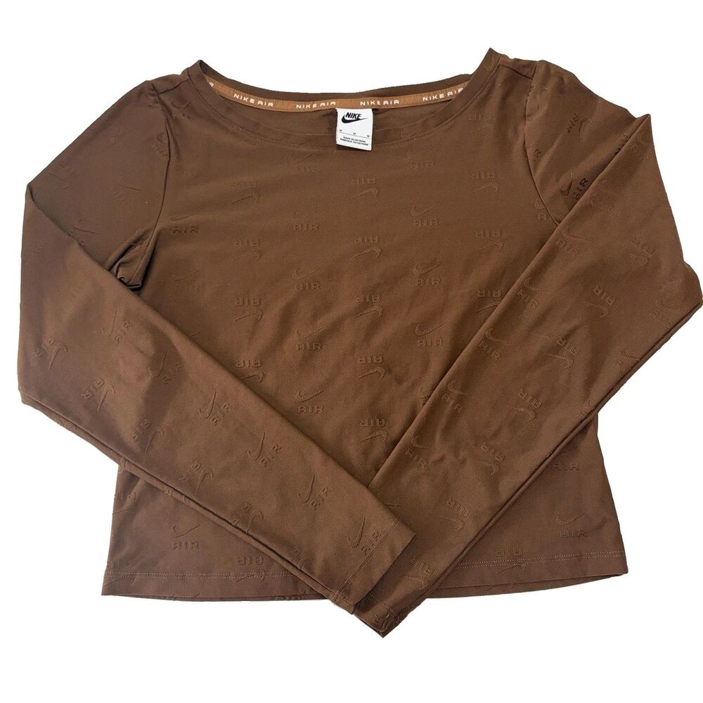Nike Air Women’s Long Sleeve Top Brown Allover Print Embossed Size M Boat Neck